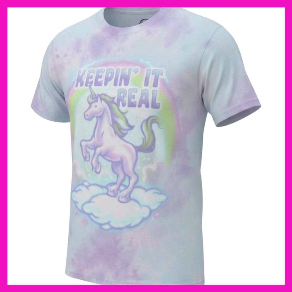DOM Keepin It Real Unicorn Rainbow Tie Dye Graphic Tee Mens Medium Purple Blue